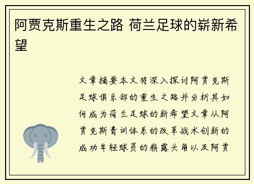 阿贾克斯重生之路 荷兰足球的崭新希望